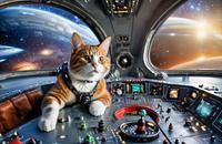 【画像素材】猫が宇宙船の操縦桿を操作し、前方に宇宙を眺める