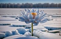 【画像素材】凍った蓮の花の彫刻が雪原に立つ