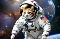 【画像素材】猫が宇宙服を着てヘルメット越しに空中に浮かぶ