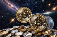 【画像素材】流星群の中に輝く仮想通貨コイン