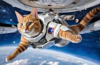 【画像素材】猫が宇宙船の中で無重力状態になりながら宙に浮く