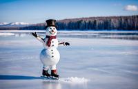 【画像素材】雪だるまが凍った湖の上でスケートをしている