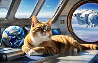 【画像素材】猫が宇宙船の窓から地球を眺めながらリラックスする