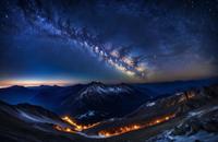 【画像素材】夜空の下の星明かりを浴びる山脈