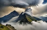 【画像素材】山の頂上にたなびく積乱雲が頂上を覆う