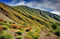 【画像素材】断層線に沿って低木や草が茂る山腹