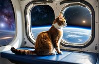 【画像素材】猫が宇宙船の中で窓のそばに座り、地球を見つめる