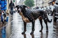 【画像素材】雨の街なかを歩く濡れた犬