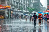 【画像素材】道行く人に降り注ぐ豪雨