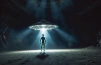 【画像素材】UFOから降りてきたエイリアンをスポットライトが照らしている