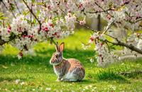 【画像素材】ウサギが桜の木の下で座っている