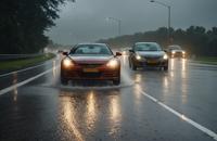 【画像素材】雨に濡れた路上の車