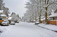 【画像素材】雪に覆われた静かな住宅街の道路