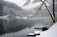 【画像素材】雪が降りしきる湖のほとりの静寂