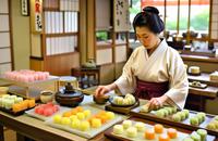 【画像素材】日本の茶室で、伝統的な和菓子を作っている女性