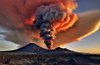 【画像素材】夕日に照らされて赤く染まる火山灰の噴煙