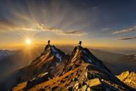 【画像素材】夕日に照らされる登山家