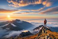 【画像素材】山頂から日の出を眺める登山家の姿が雲海に浮かぶ