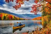 【画像素材】紅葉に覆われた山々を背景に、湖面を泳ぐカヌー