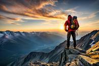 【画像素材】山頂から朝日を眺める登山家