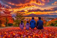 【画像素材】紅葉が燃え上がるような夕焼け空の下で紅葉狩りをする家族