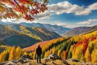 【画像素材】紅葉した山々を背景に佇む男性