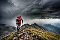 【画像素材】荒れた天気を進む登山家