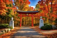 【画像素材】紅葉を背景に佇む神社の朱塗りの門