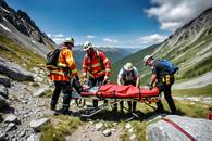 【画像素材】救助隊が遭難した登山家を担架に乗せる