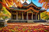 【画像素材】寺院の境内を彩る紅葉