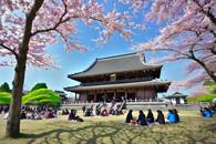 【画像素材】古寺で花見をする人々