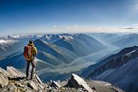 【画像素材】山頂からの絶景を眺める登山家