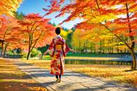 【画像素材】紅葉した楓の木を背景にした、紅葉狩りの着物姿の女性