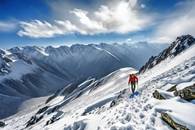 【画像素材】雪に覆われた尾根を登る登山家