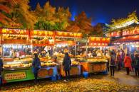 【画像素材】屋台が立ち並ぶ紅葉の夜祭り