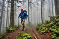 【画像素材】霧の中を進む登山家