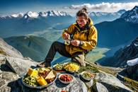 【画像素材】山頂で食事をする登山家