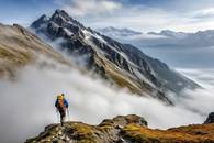 【画像素材】霧の中を歩く登山家