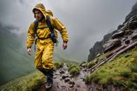 【画像素材】大雨の中、山道でレインスーツを着た登山家