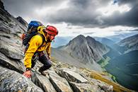 【画像素材】岩肌を縫うように歩く登山家