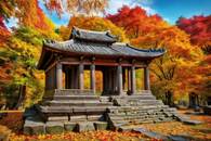 【画像素材】紅葉に包まれた寺院