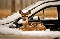 【画像素材】雪の車の上で休む小鹿