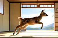 【画像素材】障子を開けて飛び出してきた小鹿