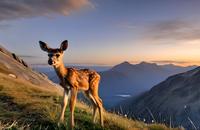 【画像素材】夕暮れ時に山でたたずむ小鹿