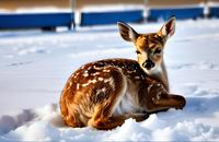 【画像素材】雪原に横たわる小鹿