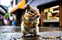 【画像素材】雨上がりの路地で佇むシマリス