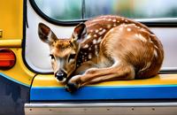 【画像素材】車の上で眠る小鹿