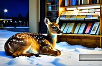 【画像素材】雪の夜に本屋で眠る小鹿