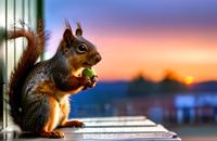 【画像素材】夕暮れ時に木の実を食べるリス