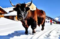 【画像素材】ヤクが雪の上を歩く